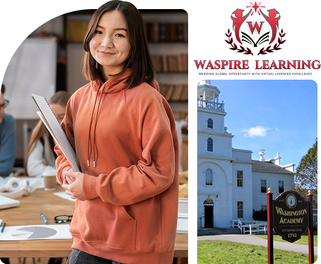 Collage of photos for Washington Academy, an institution incorporated in 1792. The main photo features four smiling students posing with the large, maroon school sign, which reads "Washington Academy Incorporated 1792" and "Built 1823." Other photos show the traditional white bell-tower building and students posing outside.