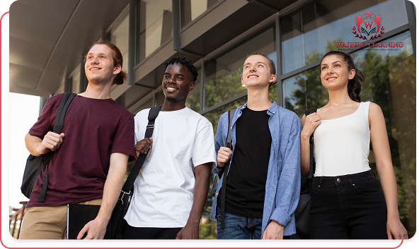 A low-angle shot of four diverse high school or college students—two male, two female—smiling and looking upward with a sense of ambition as they stand outside a modern building. All students are wearing casual clothes and backpacks.