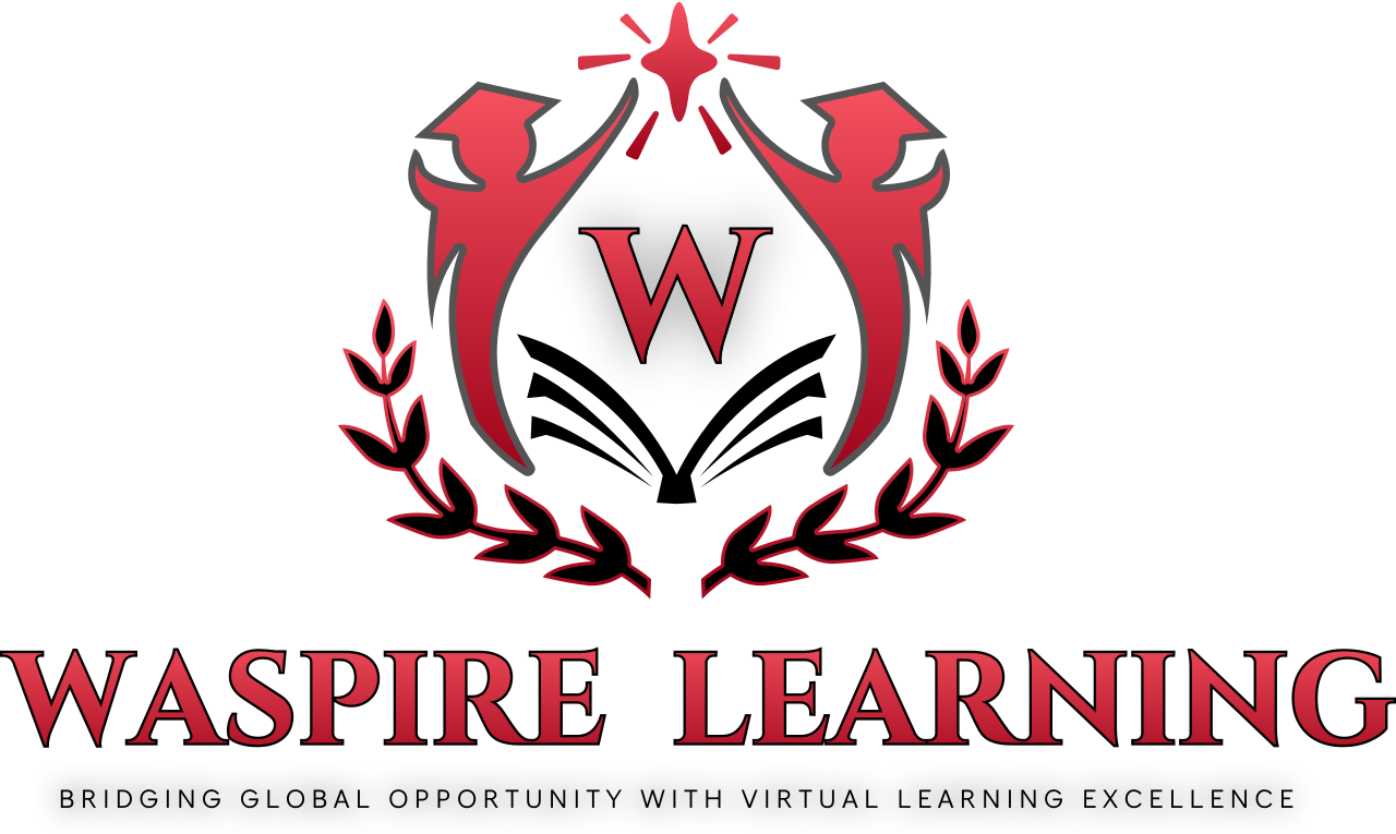 The logo for WASpire Learning features a crest design in maroon and red with a central stylized 'W' over an open book. The crest is flanked by two figures wearing graduation caps and a laurel wreath, topped by a stylized star. Below the logo, the full name "WASPIRE LEARNING" is displayed, followed by the tagline: "BRIDGING GLOBAL OPPORTUNITY WITH VIRTUAL LEARNING EXCELLENCE.
