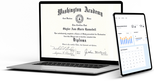 Washington Academy diploma displayed prominently on a laptop screen next to a tablet showing a digital learning platform dashboard with charts, a calendar, and course metrics. This illustrates online or remote academic programs.